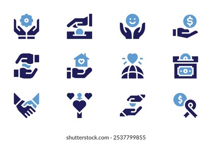 Charity icon set. Bold style. Duotone colors. charity, compassion, hands, happiness, alms, shelter, volunteering, donation.