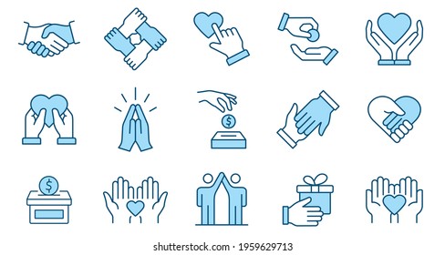 Charity icon set. Collection of agreement, cooperation, hope. Vector illustration. Editable stroke.