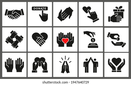 Charity icon set. Collection of donate, volunteer, trust, hope and more. Vector illustration isolated on white background.