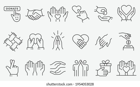 Charity icon set. Collection of donate, volunteer, help, solidarity and more. Editable stroke.