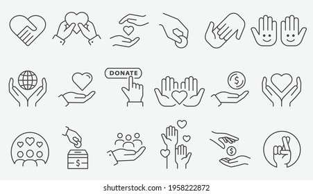 Charity icon set. Collection of donate, volunteer, care and more. Black vector illustration. Editable stroke.