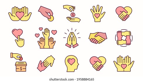 Charity icon set. Collection of donate, loyalty, care and more. Flat vector illustration.