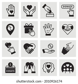 Charity icon set. Collection of donate, volunteer, humanitarian, hope and more. Black vector illustration.