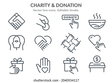 Charity Icon Set. Collection Of Donate, Social, Help, Solidarity And More. Editable Stroke. Change To Any Any Colour.