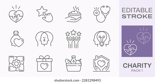 Charity icon set. Collection of donate, empathy, nonprofit and more. Black vector illustration. Editable stroke.