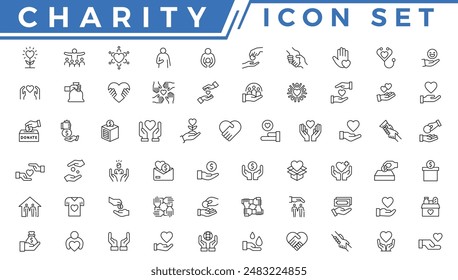 Charity icon set. Collection of donate, volunteer, care icon set design