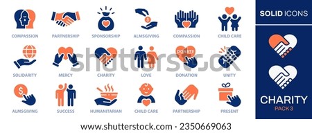 Charity icon set. Collection of donate, heart, unity, community, integrity and more. Vector illustration. Easily changes to any color.