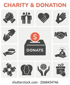 Charity icon set. Collection of handshake, donate, heart, help and more.