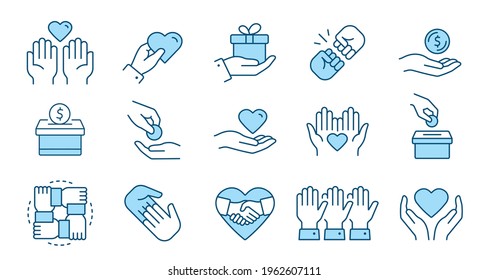 Charity icon set. Collection of humanitarian, volunteer, hope, care and more. Editable stroke.