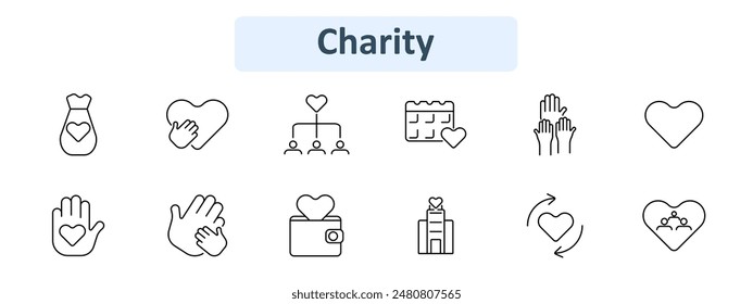 Charity icon set. Donation bag, helping hands, organizational chart, event calendar, raising hands, heart, wallet, building, community support. Philanthropy, giving, altruism concept.