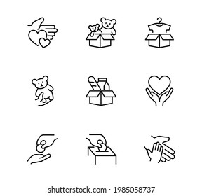 Charity Icon Set Donations, Vector linear Icons, set has a box of clothes, a parcel with toys, A manifestation of kindness. Editable stroke. isolated icons. Helping the poor