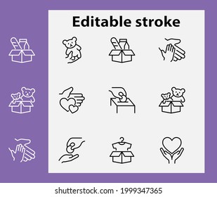 Charity Icon Set Donations, Vector linear Icons, set has a box of clothes, a parcel with toys, A manifestation of kindness. Editable stroke. isolated icons. Helping the poor