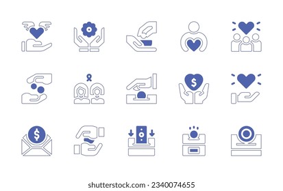 Charity icon set. Duotone style line stroke and bold. Vector illustration. Containing heart, compassion, charity, love, women, subsidy, hands, deposit, money box, donation.