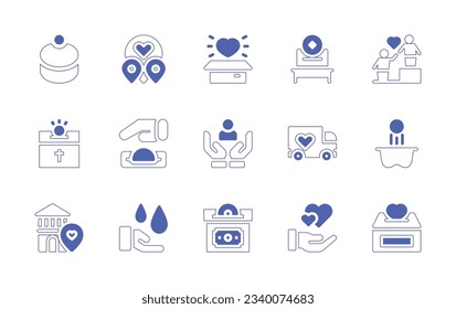 Charity icon set. Duotone style line stroke and bold. Vector illustration. Containing charity, placeholder, donation, care, help, give.