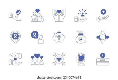 Charity icon set. Duotone style line stroke and bold. Vector illustration. Containing charity, care, hands, aware, volunteer, healthy, piggy bank, donation, team, alms, love.