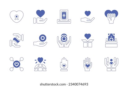 Charity icon set. Duotone style line stroke and bold. Vector illustration. Containing charity, heart, love, care, zakat, network, hand, selfcare.