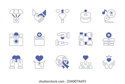 Charity icon set. Duotone style line stroke and bold. Vector illustration. Containing donation, hands, volunteering, charity, alms, give, world, community, love.
