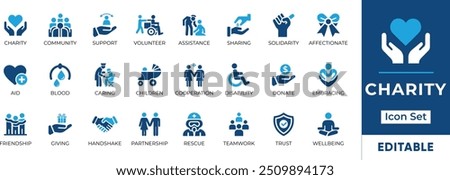 Charity Icon Set. Features community, support, volunteerism, and donation. Perfect for non-profit organizations, social causes, and charitable initiatives. Editable vector graphics for customization.