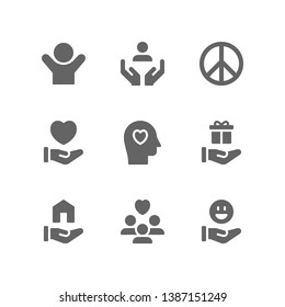 Charity icon set including volunteer, support hand, peace, kindness, give, love, donation, gift, shelter, people, community, happiness