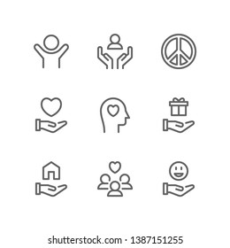 Charity icon set including volunteer, support hand, peace, kindness, give, love, donation, gift, shelter, people, community, happiness