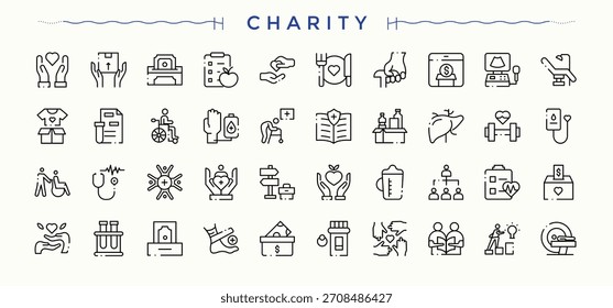 Conjunto de iconos de caridad. Conjunto de iconos lineales de linealidad. Contiene símbolos para la comunidad, ayuda, Asistencia, patrocinador, fundación, voluntario y más. colecciones de Vector.