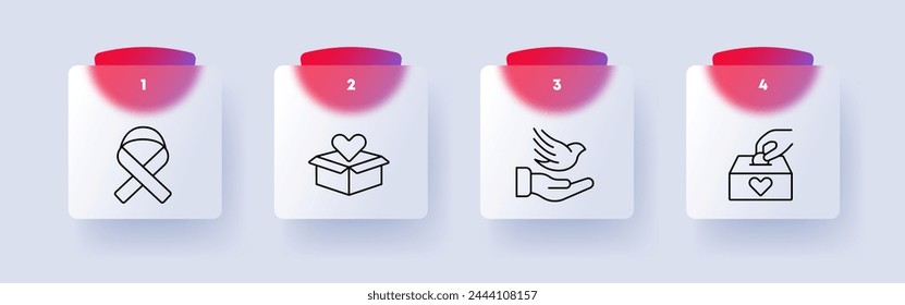 Charity icon set. Ribbon, fight against cancer, rehabilitation, donations, charity, hand, bird, piggy bank, coin, numbering. Giving your money for benefit of others concept. Glassmorphism style.