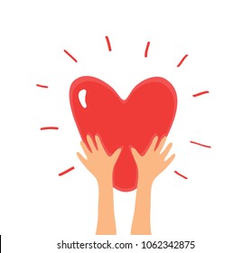 Charity icon. Shiny Heart in Hands. . Colorful hand drawn Red Heart shape. Symbol of Love, Peace, Frendship, Kindness, Ecology. Vector illustration