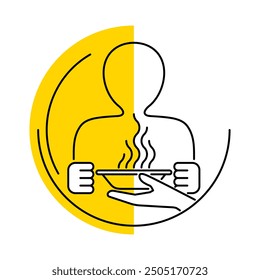 Charity icon - zero hunger goals or voluntary help for starving hungry people - isolated vector emblem in thin line with yellow background for humanitarian acts