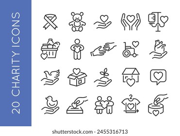 Charity icons. Set of 20 trendy minimal icons depicting various aspects of charity and giving, including Awareness Ribbon, Hands Holding Heart, and Family icon. Vector illustration