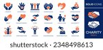 Charity icons set. Collection of hands, donations, hearts, unity and more. Vector illustration. Easily changes to any color.