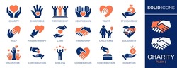 Charity Icons Set. Collection Of Hands, Donations, Hearts, Unity And More. Vector Illustration. Easily Changes To Any Color.