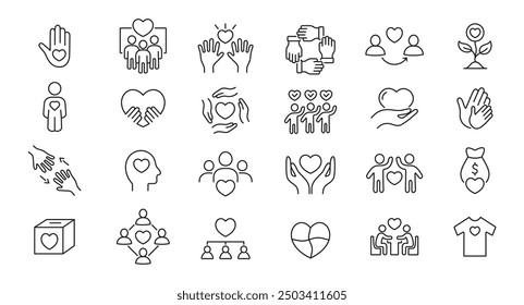 Charity icons set. Donation, volunteer help, altruism, philanthropy, helping hands. Vector.