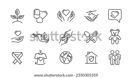 Charity icons set. Donations simple icons. 15 Charity icons isolated on white background. Handshake, Dove of Peace, Food, Toy, Shelter icons. Vector illustration