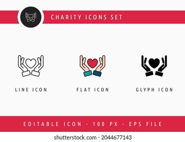 Charity icons set editable stroke vector illustration. Social service care symbol. Icon line style on isolated background for ui mobile app, web design, and presentation.