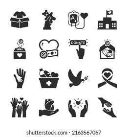 Charity Icons Set. Fundraising To Help Those In Need. Cash Assistance, Food, Clothing, Donation. Monochrome Black And White Icon.