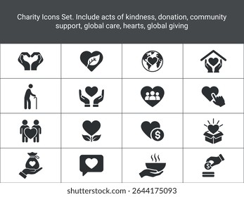 Charity Icons Set. Include acts of kindness, donation, community support, global care,
hearts, global giving. soid, flat icons set, icon vector illustration