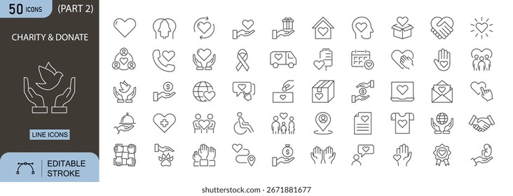 Conjunto de iconos de caridad. Incluye donación, corazón, cuidado, voluntariado, Asistencia, fondo y símbolos de la comunidad. Trazo editable. Iconos de línea. Perfecto para ONG, recaudación de fondos y proyectos de bienestar social.