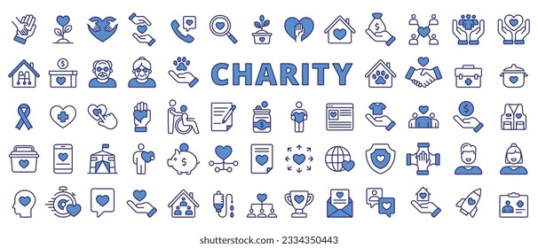 Charity icons set in line design blue. Donation, Volunteer, Helping, Care, Giving, love, Support, Philanthropy, protection, Charitable organization illustrations. Charity icons vector editable stroke.