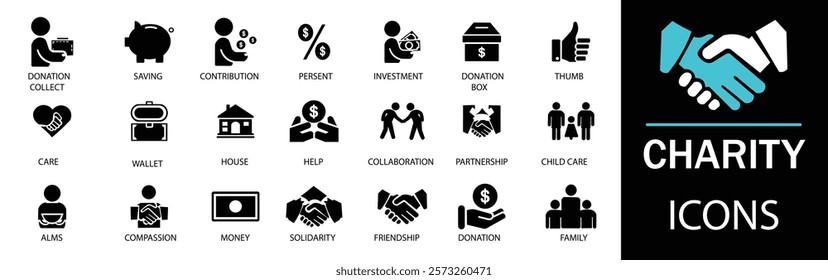 Charity icons set. Showcasing intricately designed representations of hands, donations,  unity and more. A well organized collection of adaptable solid vector icons