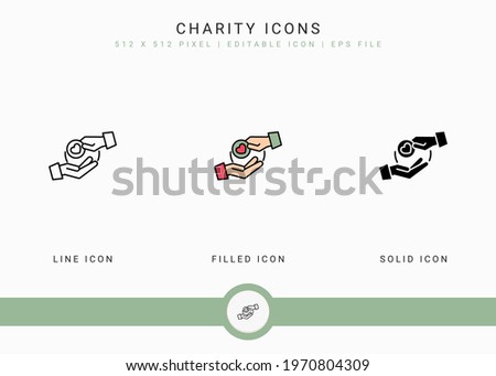 Charity icons set vector illustration with solid icon line style. Charitable give back concept. Editable stroke icon on isolated background for web design, infographic and UI mobile app.