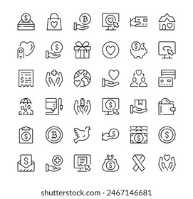 Conjunto de iconos de caridad. Iconos de línea de Vector. Símbolos de contorno de trazo negro