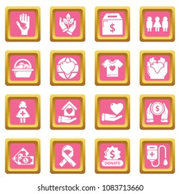 Charity icons set vector pink square isolated on white background 