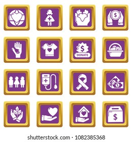 Charity icons set vector purple square isolated on white background 