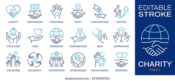 Charity icons, such as handshake, heart, donate, trust, volunteer and more. Vector illustration isolated on white. Editable stroke.