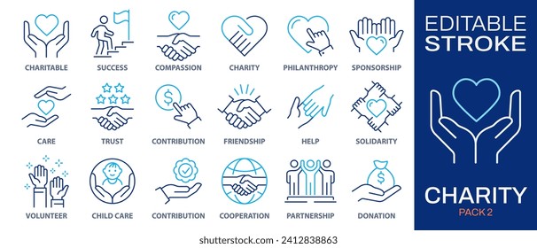 Charity icons, such as handshake, heart, donate, partnership, volunteer and more. Vector illustration isolated on white. Editable stroke.