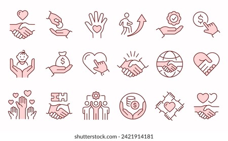 Charity icons, such as handshake, heart, donate, partnership, volunteer and more. . Editable stroke.