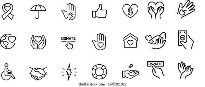 Diseño vectorial de iconos de caridad contorno blanco y negro 