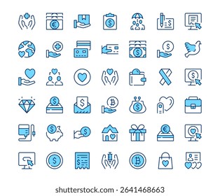 Charity icons. Vector line icon set. Modern outline design. Blue concept