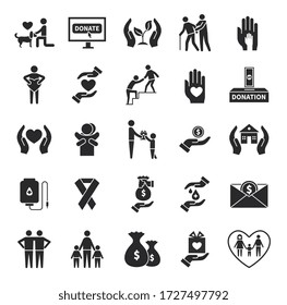 Charity icons. Volunteer helping, world social communities symbols. Donation service or child support, fundraiser foundations vector set - Shutterstock ID 1727497792