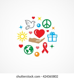 Charity illustration with icons and signs